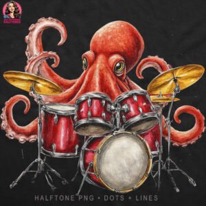 Funky Octopus Drummer Halftone Design